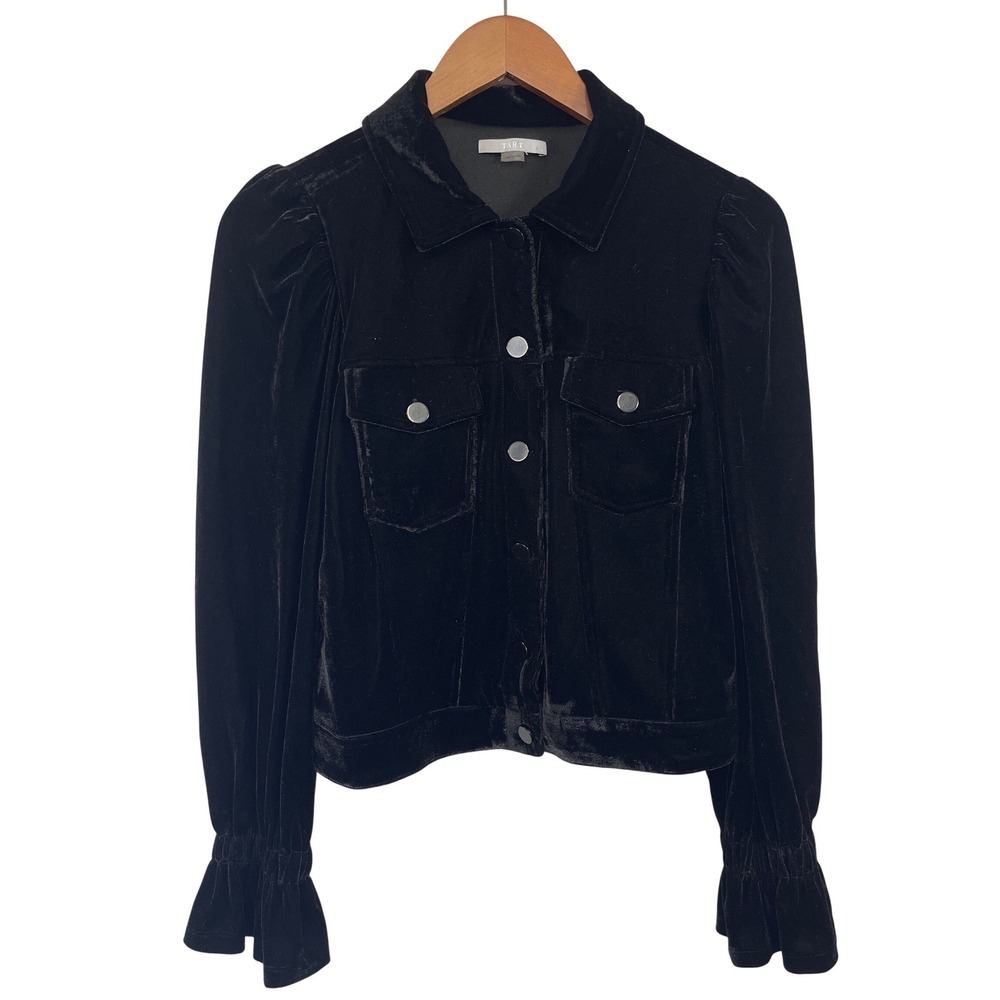 Tart Velvet Trucker Jacket S Black Puff Shoulder Ruffle Cuff Victorian Edgy Chic